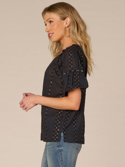 Democracy Clothing Short Bubble Sleeve Spliced V-Neck Embroidered Woven Top - Cherry Chocolate|Wild Mulberry|Black|Ecru|Rolling Hill Green