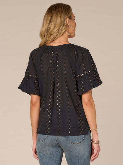 Democracy Clothing Short Bubble Sleeve Spliced V-Neck Embroidered Woven Top - Cherry Chocolate|Wild Mulberry|Black|Ecru|Rolling Hill Green
