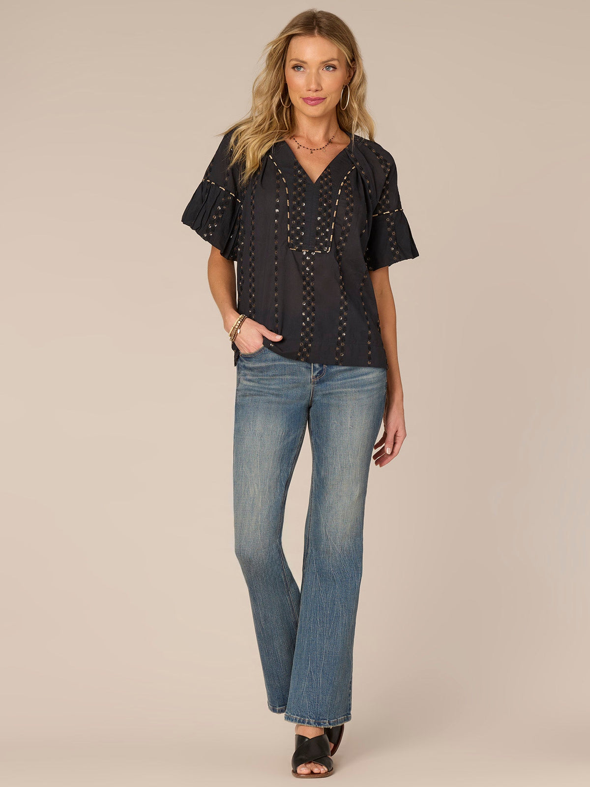 Democracy Clothing Short Bubble Sleeve Spliced V-Neck Embroidered Woven Top - Cherry Chocolate|Wild Mulberry|Black|Ecru|Rolling Hill Green