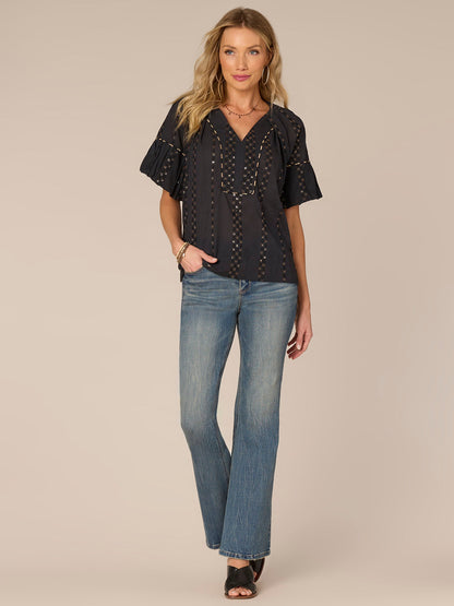 Democracy Clothing Short Bubble Sleeve Spliced V-Neck Embroidered Woven Top - Cherry Chocolate|Wild Mulberry|Black|Ecru|Rolling Hill Green