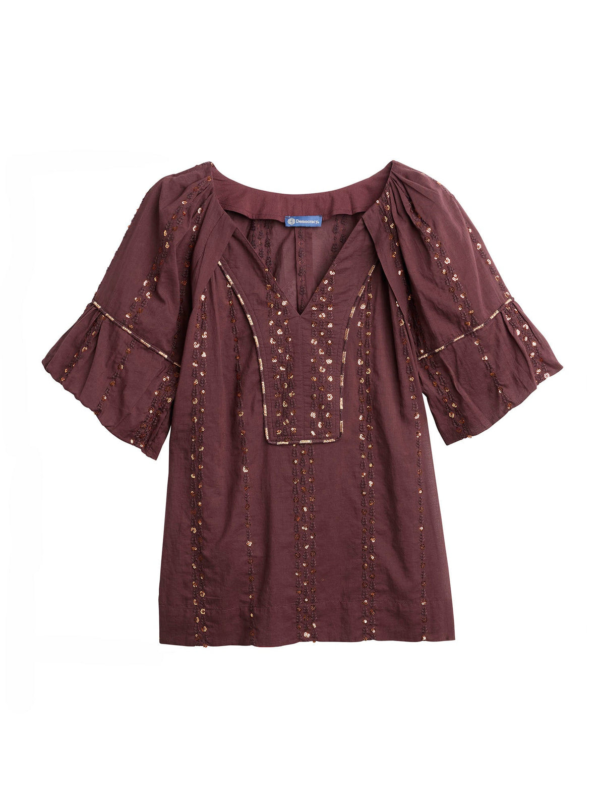 Democracy Clothing Short Bubble Sleeve Spliced V-Neck Embroidered Woven Top - Cherry Chocolate|Wild Mulberry|Black|Ecru|Rolling Hill Green