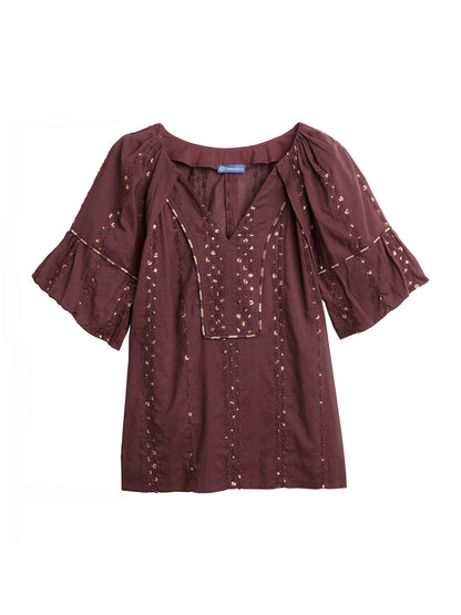 Democracy Clothing Short Bubble Sleeve Spliced V-Neck Embroidered Woven Top - Cherry Chocolate|Wild Mulberry|Black|Ecru|Rolling Hill Green