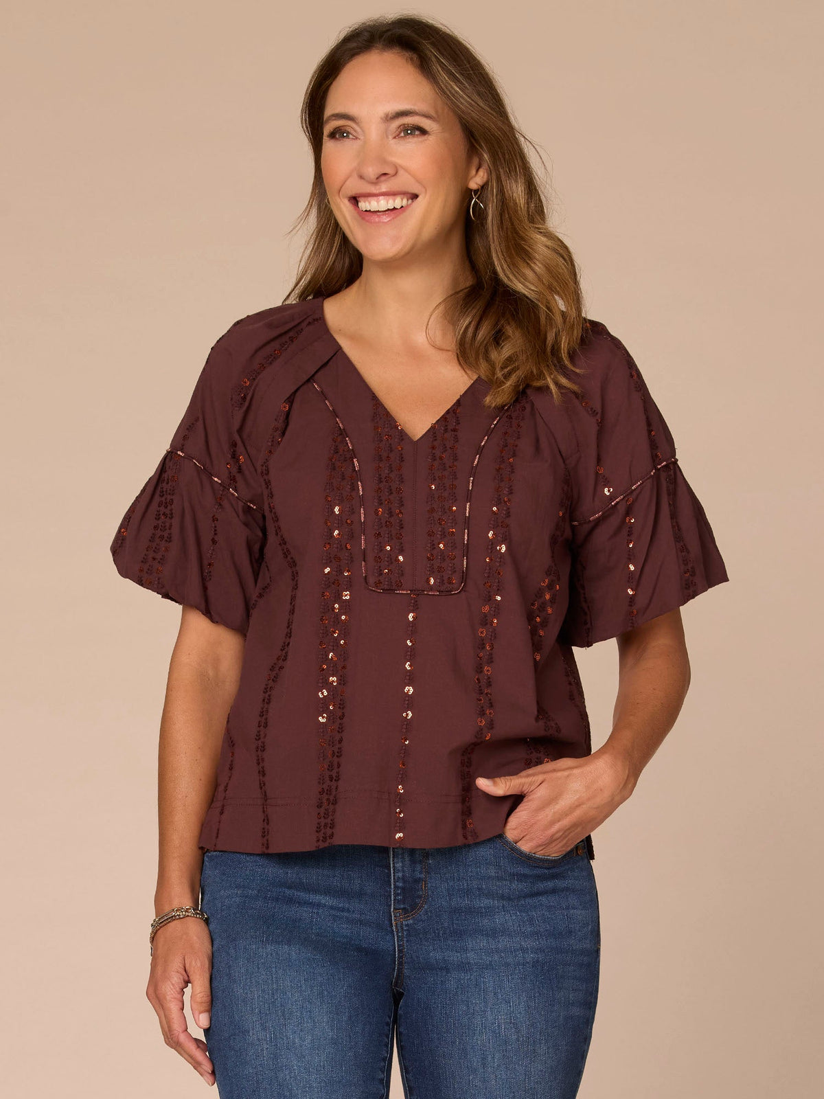 Democracy Clothing Short Bubble Sleeve Spliced V-Neck Embroidered Woven Top - Cherry Chocolate|Wild Mulberry|Black|Ecru|Rolling Hill Green