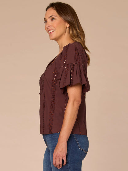 Democracy Clothing Short Bubble Sleeve Spliced V-Neck Embroidered Woven Top - Cherry Chocolate|Wild Mulberry|Black|Ecru|Rolling Hill Green