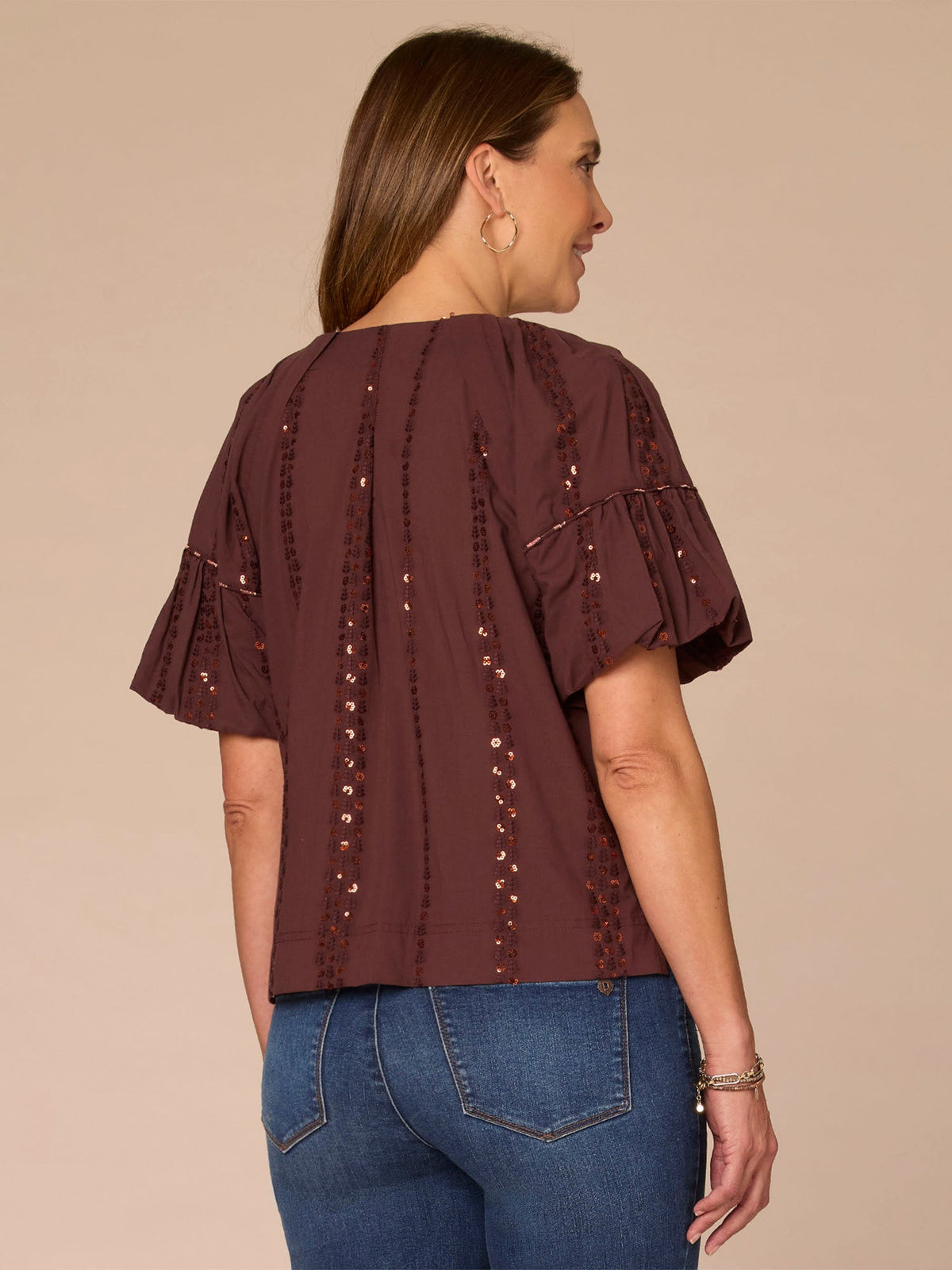 Democracy Clothing Short Bubble Sleeve Spliced V-Neck Embroidered Woven Top - Cherry Chocolate|Wild Mulberry|Black|Ecru|Rolling Hill Green