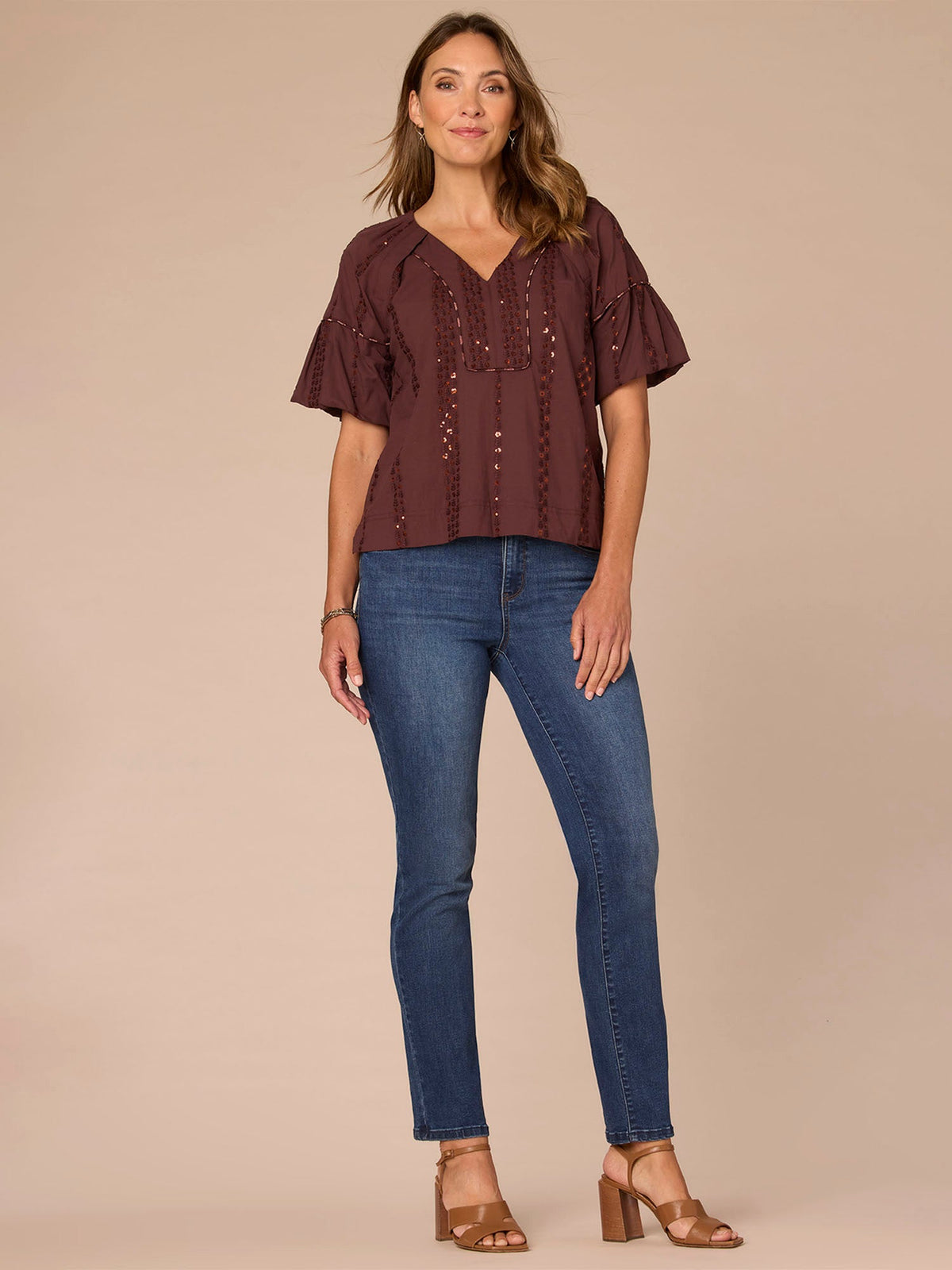 Democracy Clothing Short Bubble Sleeve Spliced V-Neck Embroidered Woven Top - Cherry Chocolate|Wild Mulberry|Black|Ecru|Rolling Hill Green