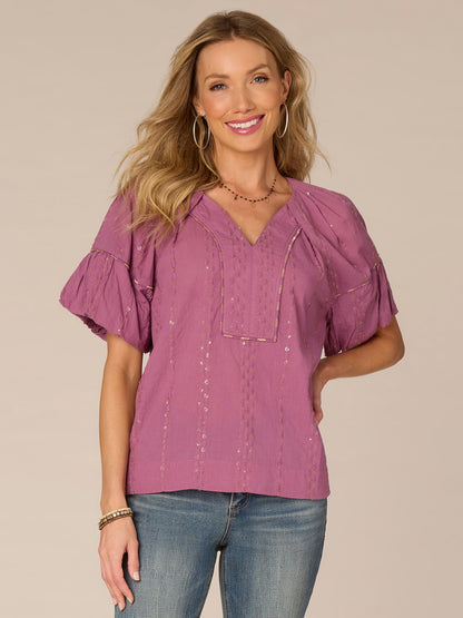 Democracy Clothing Short Bubble Sleeve Spliced V-Neck Embroidered Woven Top - Cherry Chocolate|Wild Mulberry|Black|Ecru|Rolling Hill Green