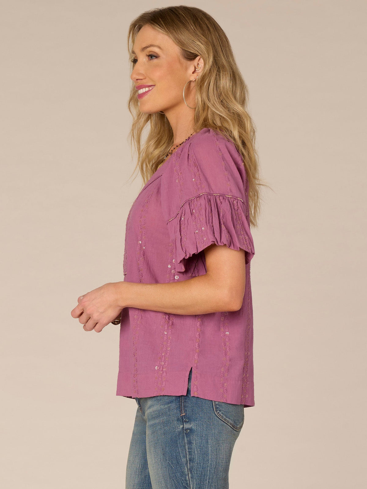 Democracy Clothing Short Bubble Sleeve Spliced V-Neck Embroidered Woven Top - Cherry Chocolate|Wild Mulberry|Black|Ecru|Rolling Hill Green