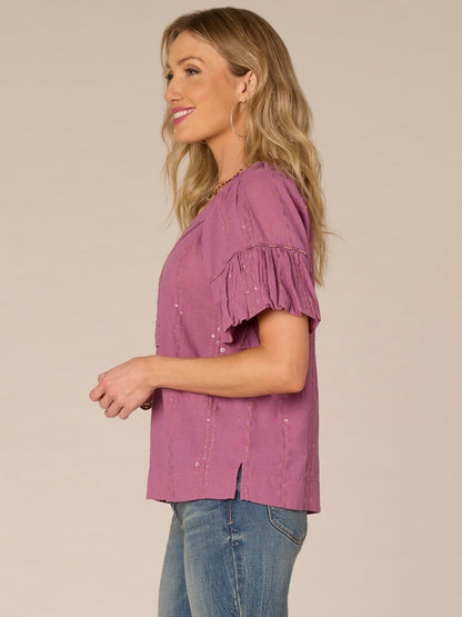 Democracy Clothing Short Bubble Sleeve Spliced V-Neck Embroidered Woven Top - Cherry Chocolate|Wild Mulberry|Black|Ecru|Rolling Hill Green