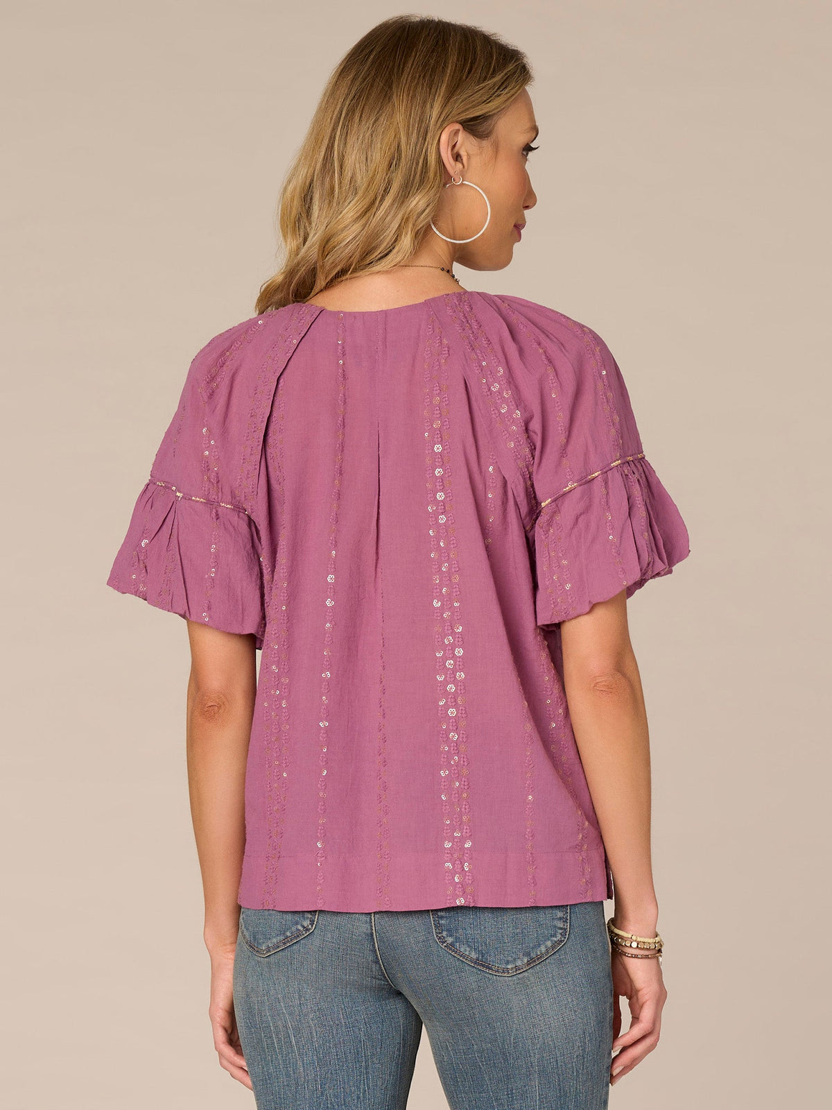 Democracy Clothing Short Bubble Sleeve Spliced V-Neck Embroidered Woven Top - Cherry Chocolate|Wild Mulberry|Black|Ecru|Rolling Hill Green
