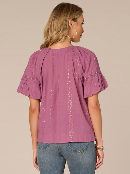 Democracy Clothing Short Bubble Sleeve Spliced V-Neck Embroidered Woven Top - Cherry Chocolate|Wild Mulberry|Black|Ecru|Rolling Hill Green