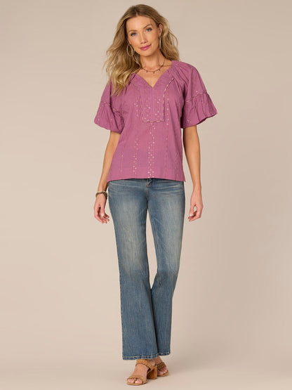 Democracy Clothing Short Bubble Sleeve Spliced V-Neck Embroidered Woven Top - Cherry Chocolate|Wild Mulberry|Black|Ecru|Rolling Hill Green