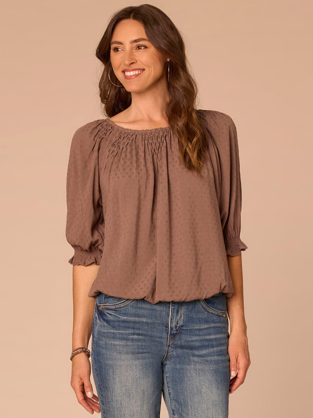 Democracy Clothing Elbow Blouson Sleeve Scoop Neck Bubble Hem Smocked Petite Woven Top - Oyster Mushroom