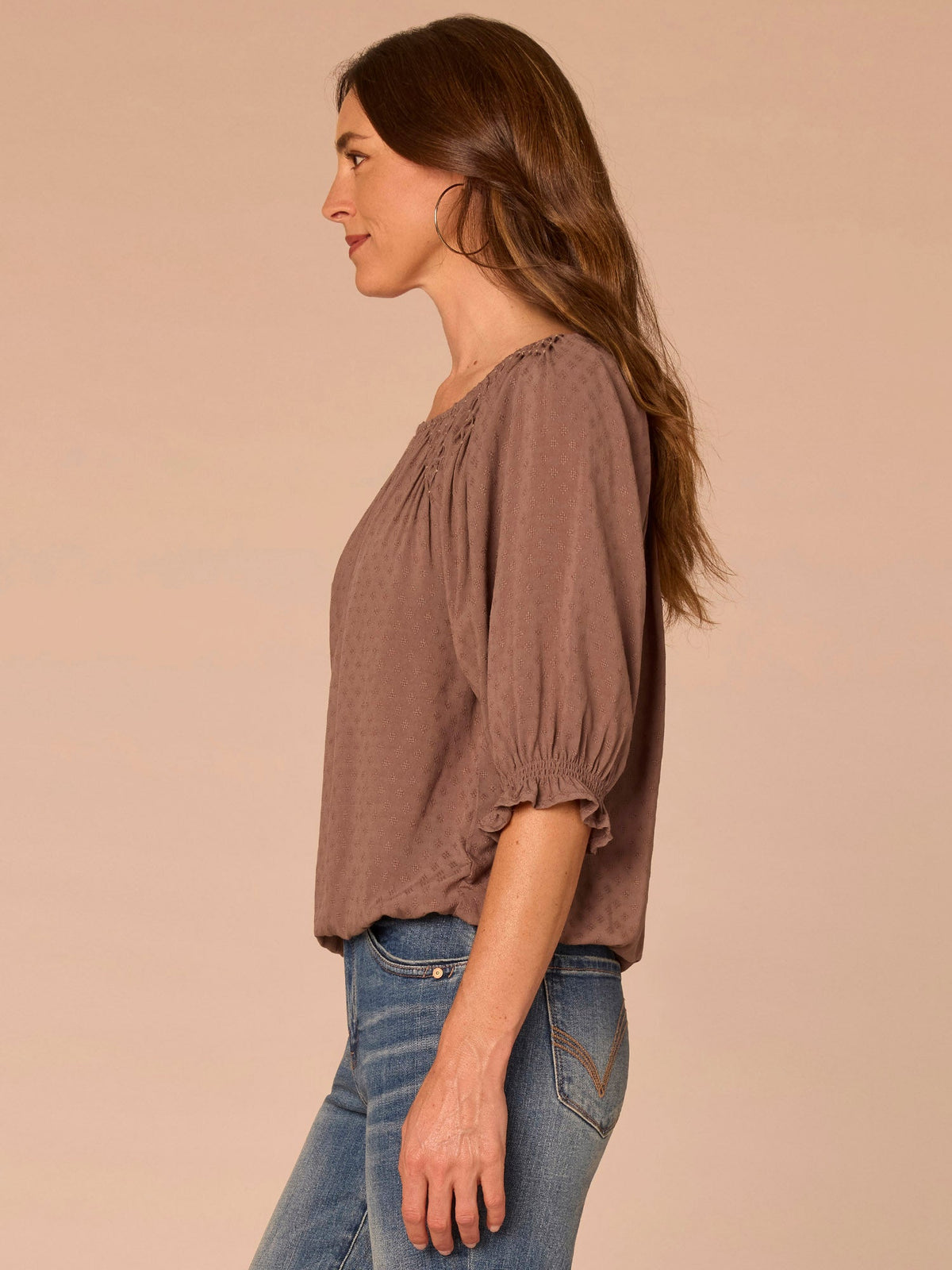 Democracy Clothing Elbow Blouson Sleeve Scoop Neck Bubble Hem Smocked Petite Woven Top - Oyster Mushroom