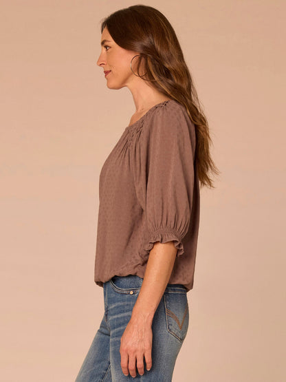 Democracy Clothing Elbow Blouson Sleeve Scoop Neck Bubble Hem Smocked Petite Woven Top - Oyster Mushroom