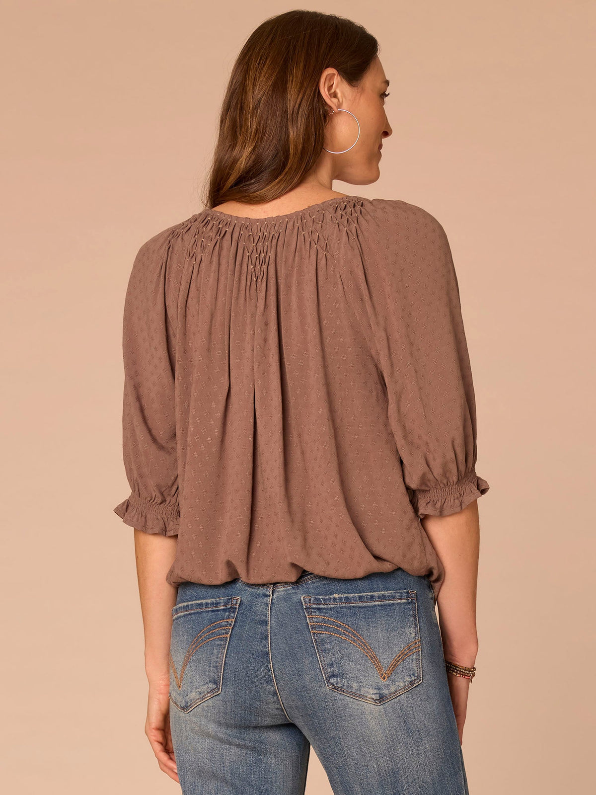 Democracy Clothing Elbow Blouson Sleeve Scoop Neck Bubble Hem Smocked Petite Woven Top - Oyster Mushroom