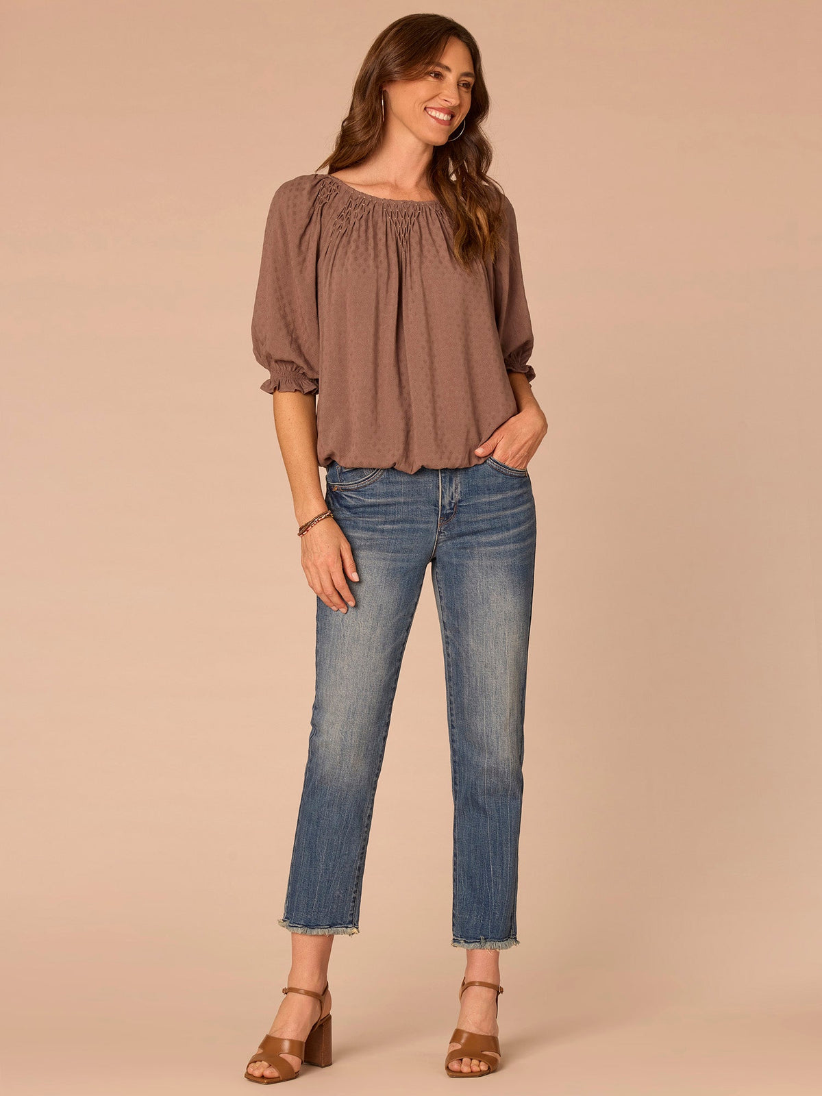 Democracy Clothing Elbow Blouson Sleeve Scoop Neck Bubble Hem Smocked Petite Woven Top - Oyster Mushroom
