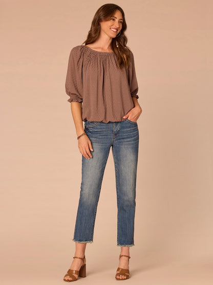Democracy Clothing Elbow Blouson Sleeve Scoop Neck Bubble Hem Smocked Petite Woven Top - Oyster Mushroom