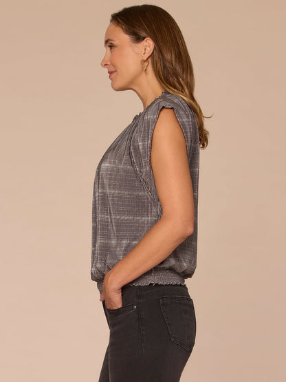 Democracy Clothing Extended Cap Sleeve Smock Crew Neck Striped Foil Bodre Knit Top - Charcoal|Golden Olive|Mocha