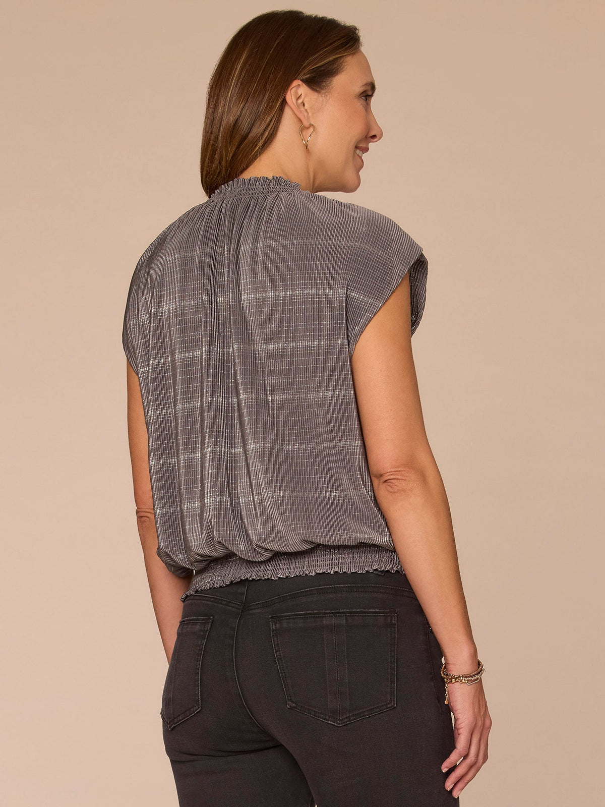 Democracy Clothing Extended Cap Sleeve Smock Crew Neck Striped Foil Bodre Knit Top - Charcoal|Golden Olive|Mocha