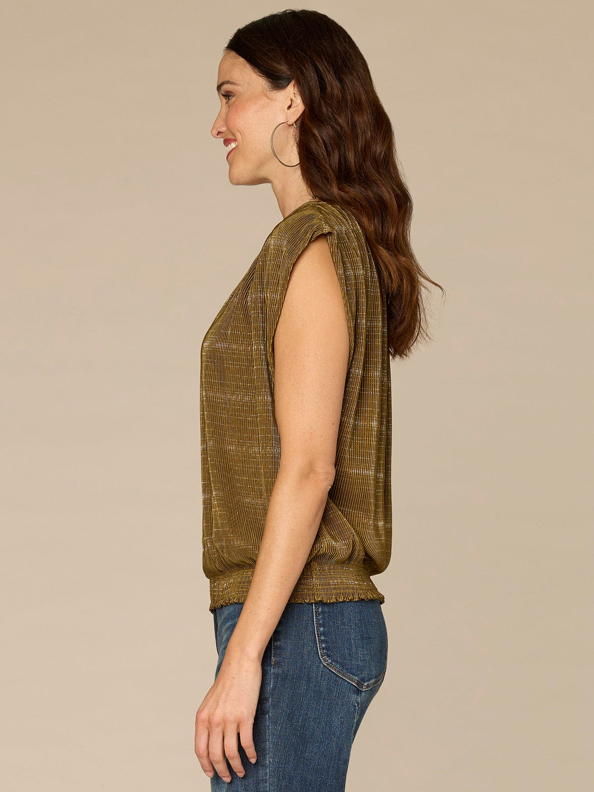 Democracy Clothing Extended Cap Sleeve Smock Crew Neck Striped Foil Bodre Knit Top - Charcoal|Golden Olive|Mocha