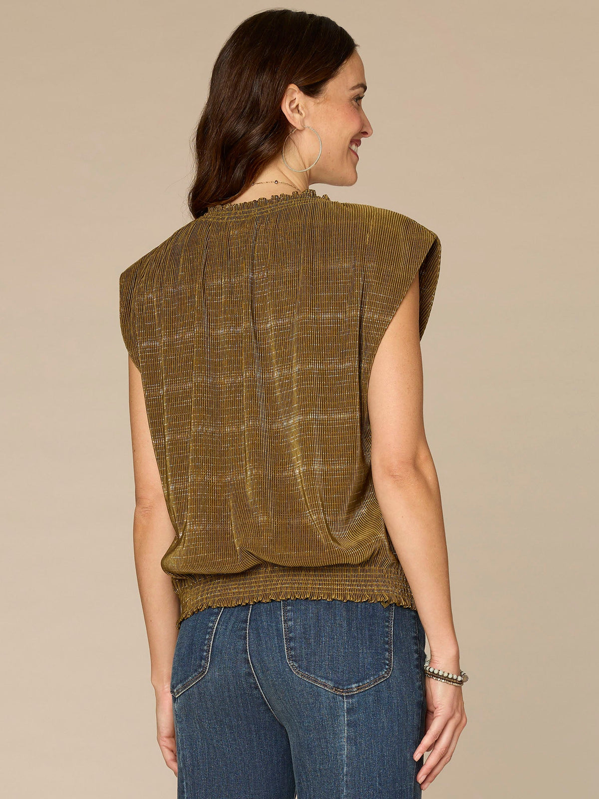 Democracy Clothing Extended Cap Sleeve Smock Crew Neck Striped Foil Bodre Knit Top - Charcoal|Golden Olive|Mocha