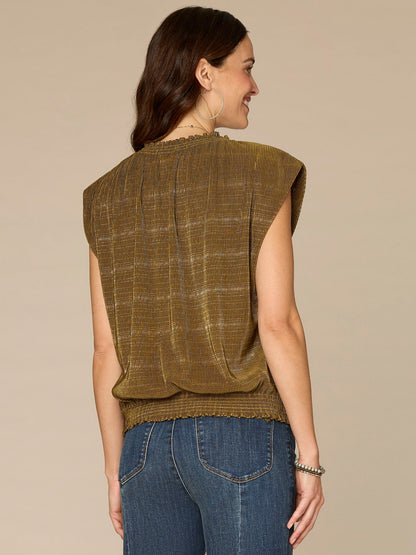 Democracy Clothing Extended Cap Sleeve Smock Crew Neck Striped Foil Bodre Knit Top - Charcoal|Golden Olive|Mocha