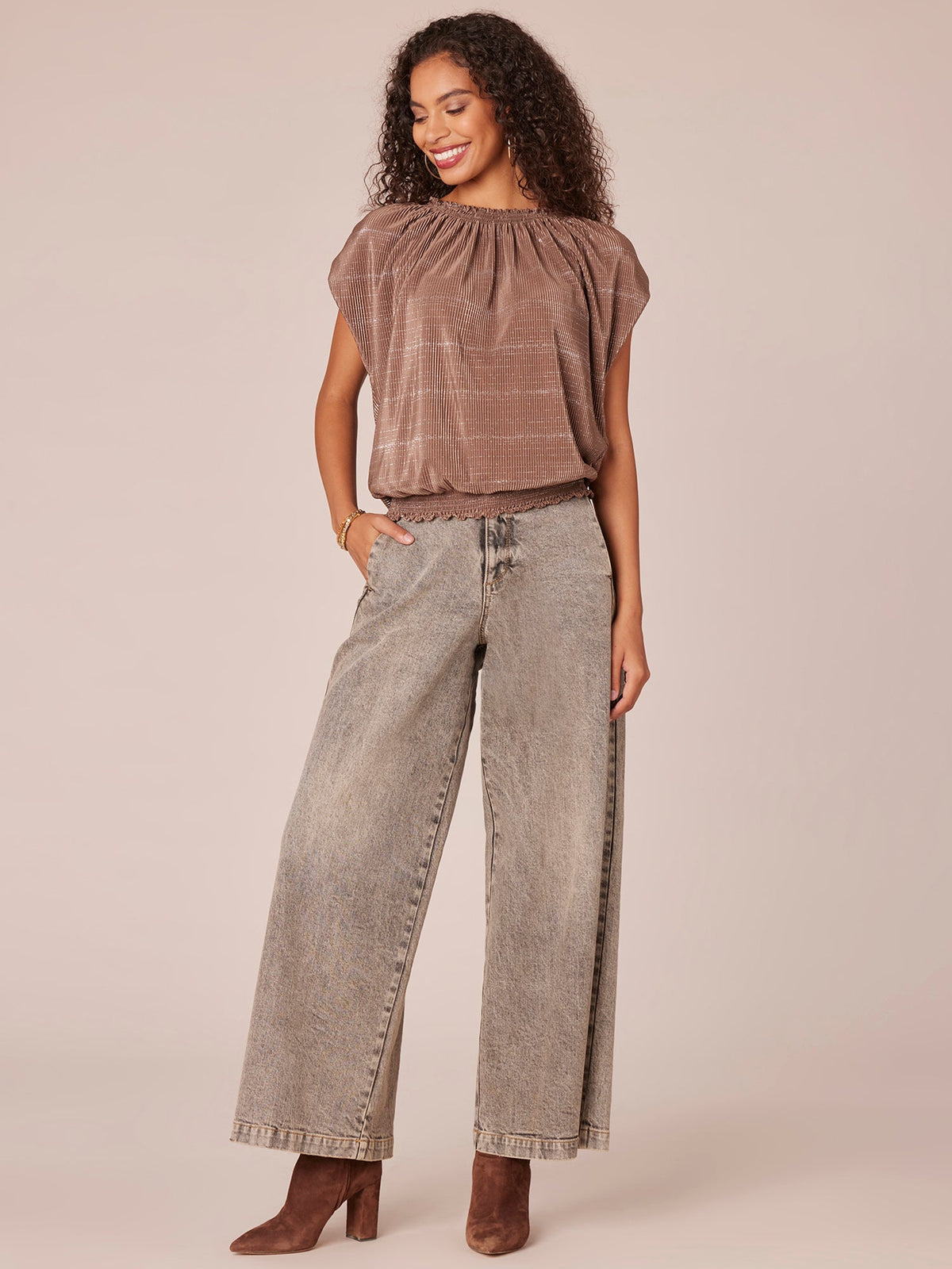 Democracy Clothing Extended Cap Sleeve Smock Crew Neck Striped Foil Bodre Knit Top - Charcoal|Golden Olive|Mocha