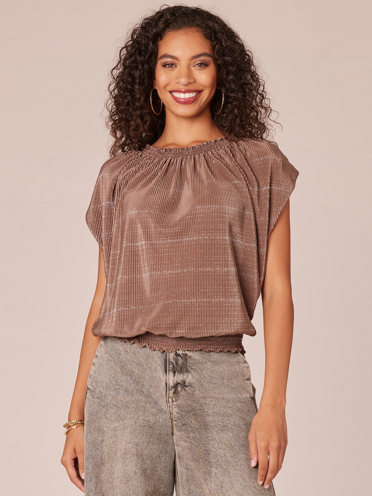 Democracy Clothing Extended Cap Sleeve Smock Crew Neck Striped Foil Bodre Knit Top - Charcoal|Golden Olive|Mocha