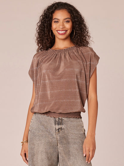Democracy Clothing Extended Cap Sleeve Smock Crew Neck Striped Foil Bodre Knit Top - Charcoal|Golden Olive|Mocha