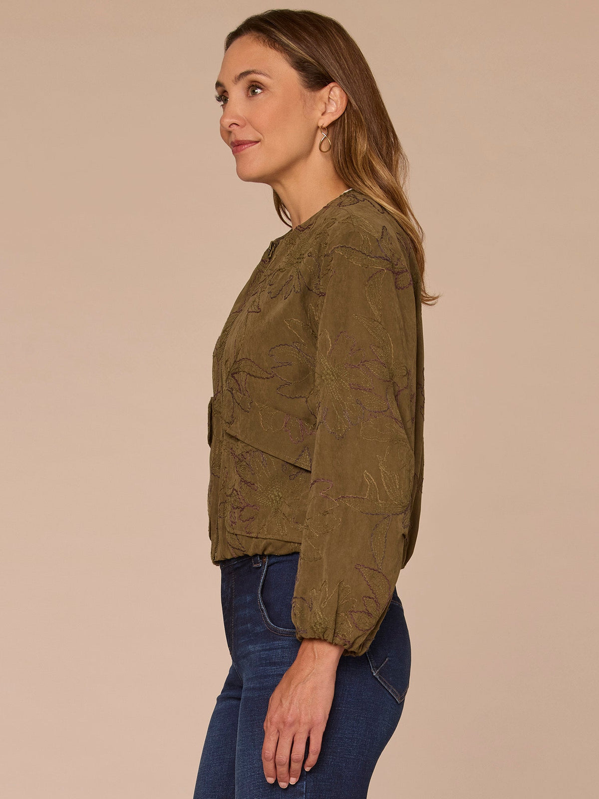 Democracy Clothing Long Cinched Sleeve Zip Up Cropped Woven Faux Suede Bomber Jacket - Forest Moss