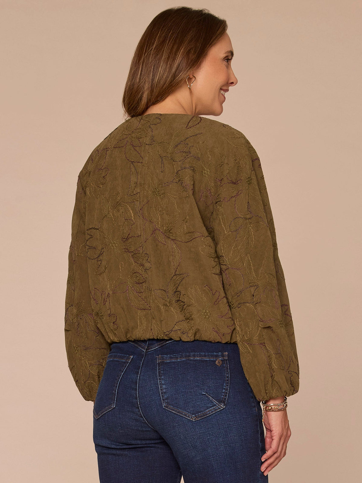 Democracy Clothing Long Cinched Sleeve Zip Up Cropped Woven Faux Suede Bomber Jacket - Forest Moss
