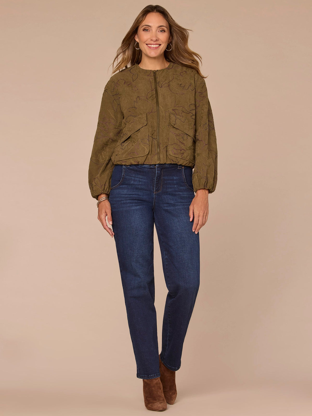 Democracy Clothing Long Cinched Sleeve Zip Up Cropped Woven Faux Suede Bomber Jacket - Forest Moss