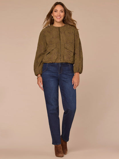 Democracy Clothing Long Cinched Sleeve Zip Up Cropped Woven Faux Suede Bomber Jacket - Forest Moss