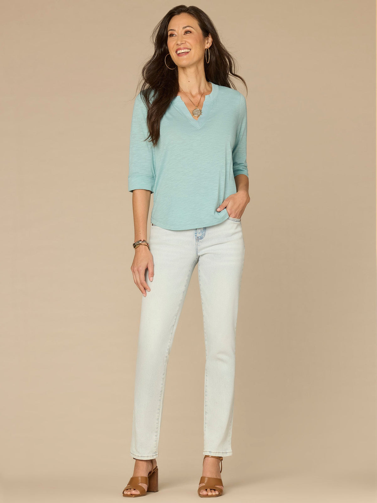 Democracy Clothing Elbow Roll Cuff Sleeve Round Split Neck Surplus Hem Petite Knit Top - Black|Aqua Haze|Deep Jade|Off White|Papaya|Coral Punch|Dark Raisin|Maple Leaf|Navy|Winter Sky|Island Sky|Nectarine