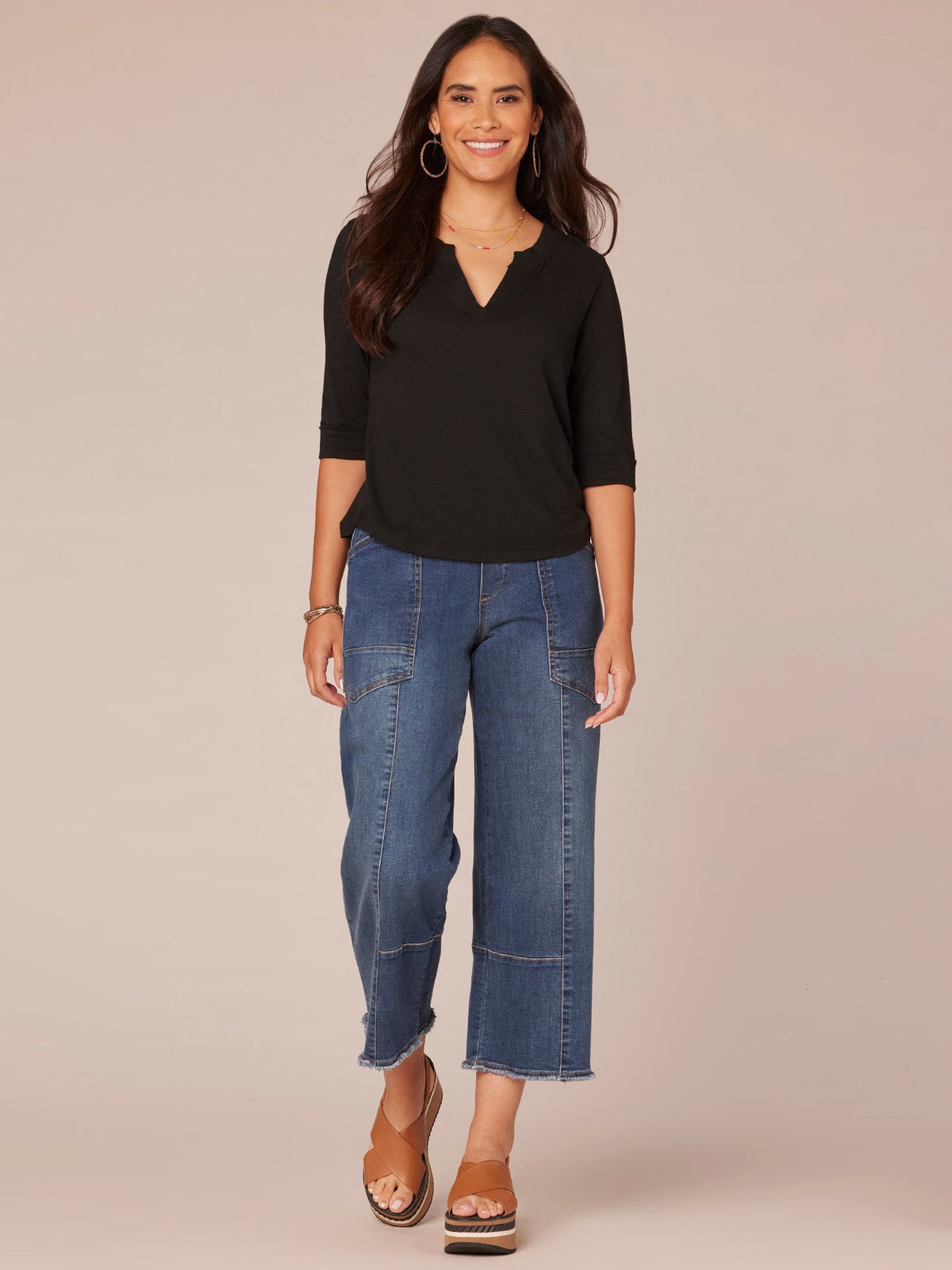 Democracy Clothing Elbow Roll Cuff Sleeve Round Split Neck Surplus Hem Petite Knit Top - Black|Aqua Haze|Deep Jade|Off White|Papaya|Coral Punch|Dark Raisin|Maple Leaf|Navy|Winter Sky|Island Sky|Nectarine