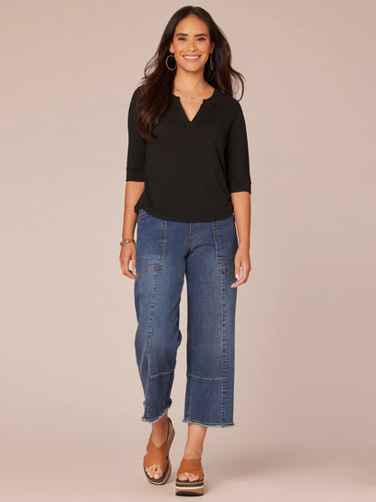 Democracy Clothing Elbow Roll Cuff Sleeve Round Split Neck Surplus Hem Petite Knit Top - Black|Aqua Haze|Deep Jade|Off White|Papaya|Coral Punch|Dark Raisin|Maple Leaf|Navy|Winter Sky|Island Sky|Nectarine