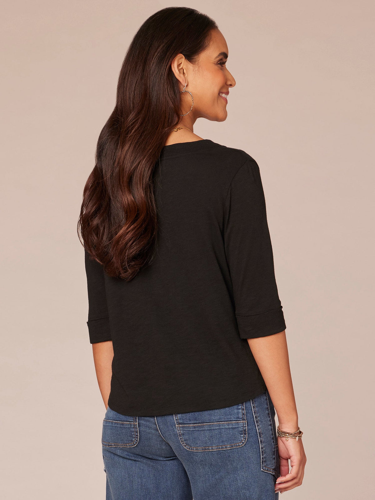 Democracy Clothing Elbow Roll Cuff Sleeve Round Split Neck Surplus Hem Petite Knit Top - Black|Aqua Haze|Deep Jade|Off White|Papaya|Coral Punch|Dark Raisin|Maple Leaf|Navy|Winter Sky|Island Sky|Nectarine