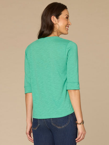 Democracy Clothing Elbow Roll Cuff Sleeve Round Split Neck Surplus Hem Petite Knit Top - Black|Aqua Haze|Deep Jade|Off White|Papaya|Coral Punch|Dark Raisin|Maple Leaf|Navy|Winter Sky|Island Sky|Nectarine