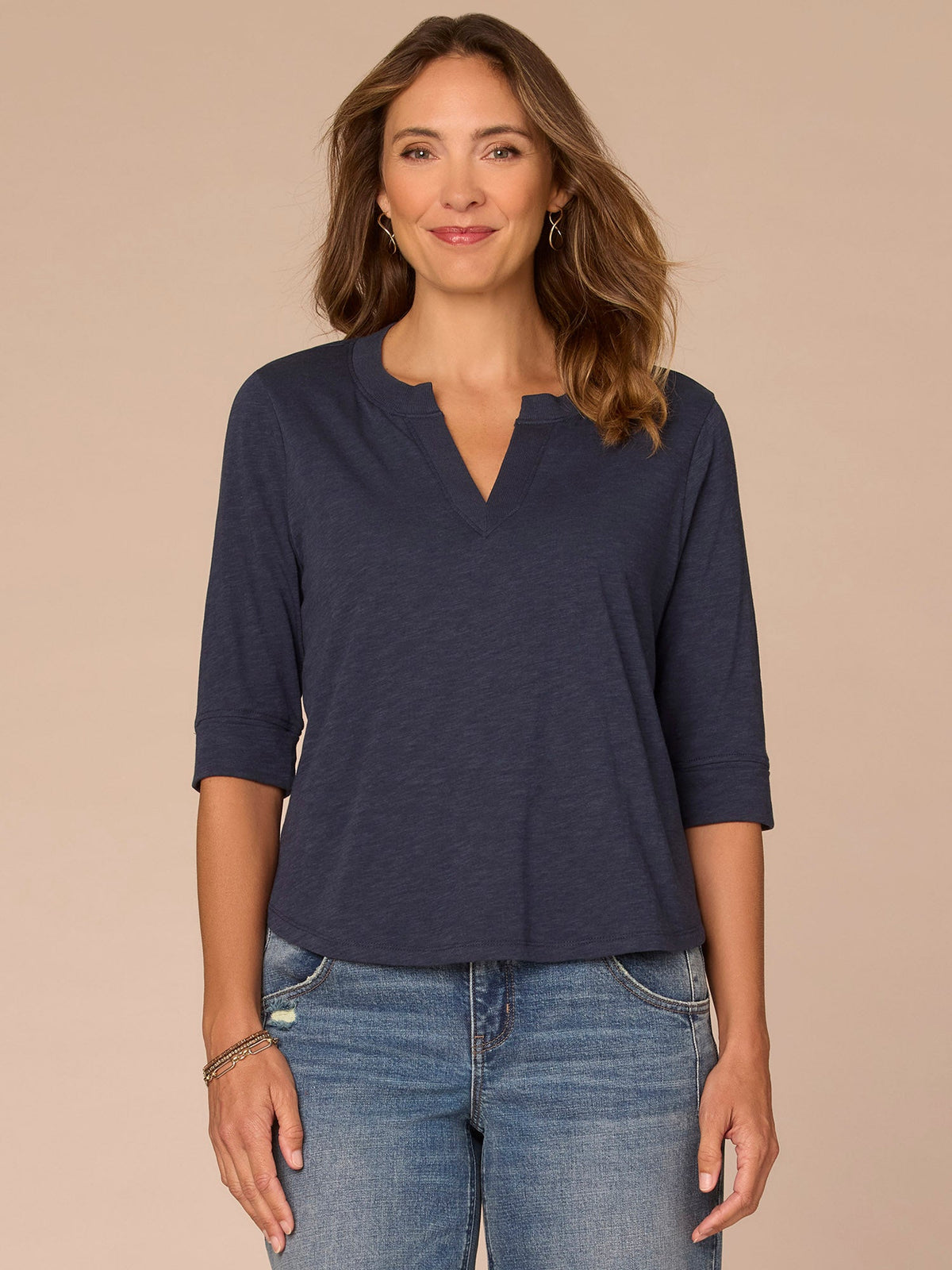 Democracy Clothing Elbow Roll Cuff Sleeve Round Split Neck Surplus Hem Petite Knit Top - Black|Aqua Haze|Deep Jade|Off White|Papaya|Coral Punch|Dark Raisin|Maple Leaf|Navy|Winter Sky|Island Sky|Nectarine