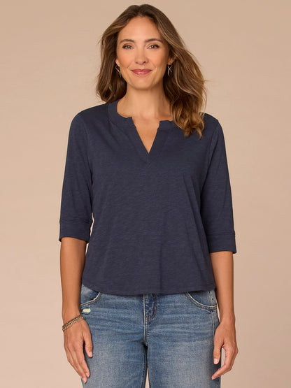 Democracy Clothing Elbow Roll Cuff Sleeve Round Split Neck Surplus Hem Petite Knit Top - Black|Aqua Haze|Deep Jade|Off White|Papaya|Coral Punch|Dark Raisin|Maple Leaf|Navy|Winter Sky|Island Sky|Nectarine