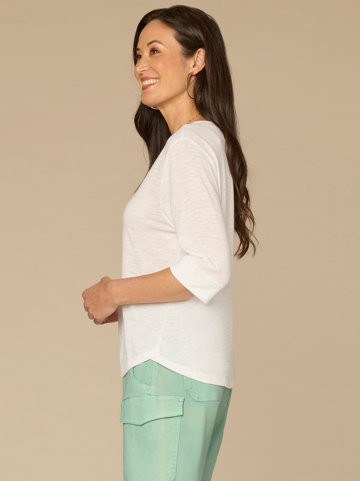 Democracy Clothing Elbow Roll Cuff Sleeve Round Split Neck Surplus Hem Petite Knit Top - Black|Aqua Haze|Deep Jade|Off White|Papaya|Coral Punch|Dark Raisin|Maple Leaf|Navy|Winter Sky|Island Sky|Nectarine
