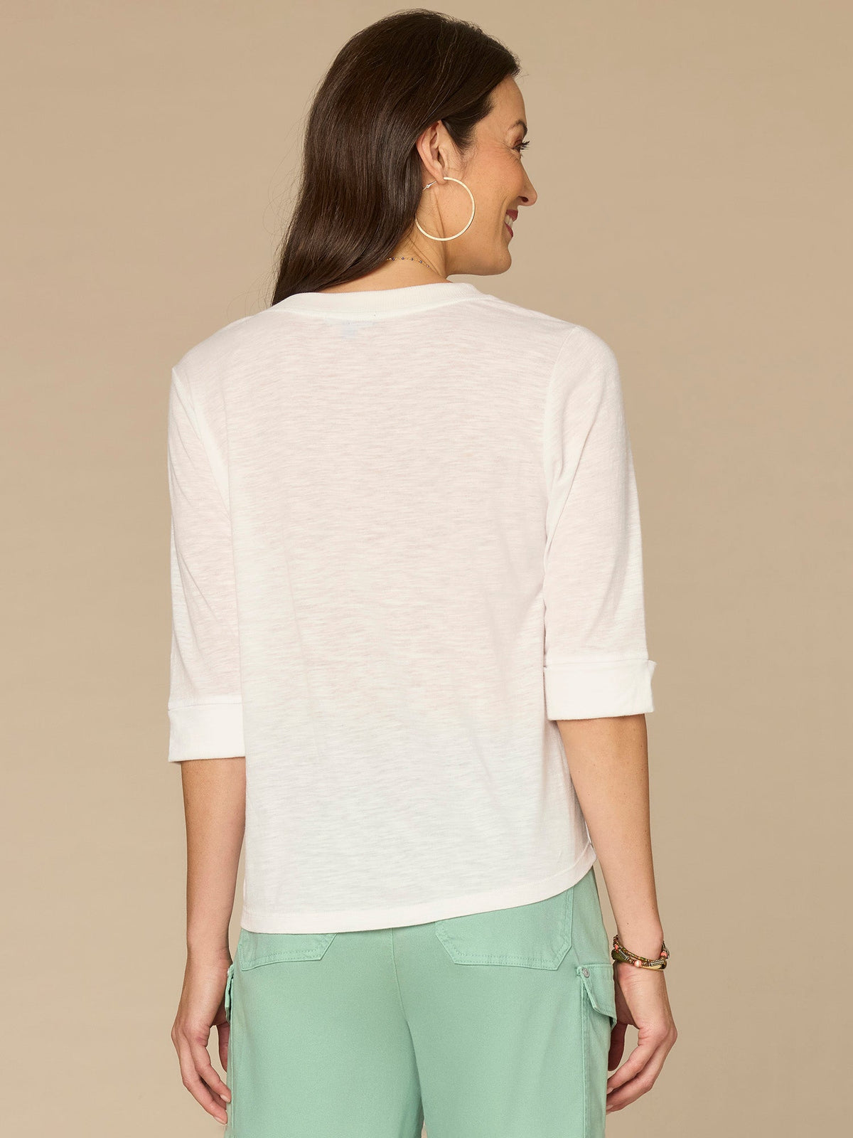 Democracy Clothing Elbow Roll Cuff Sleeve Round Split Neck Surplus Hem Petite Knit Top - Black|Aqua Haze|Deep Jade|Off White|Papaya|Coral Punch|Dark Raisin|Maple Leaf|Navy|Winter Sky|Island Sky|Nectarine