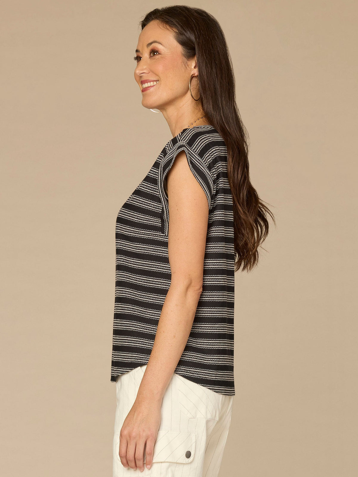 Democracy Clothing Cap Sleeve Scoop Neck Embroidered Stripe Knit Top - Black|Lobster|Ocean Depths|Green Tea|Navy|Winter Melon