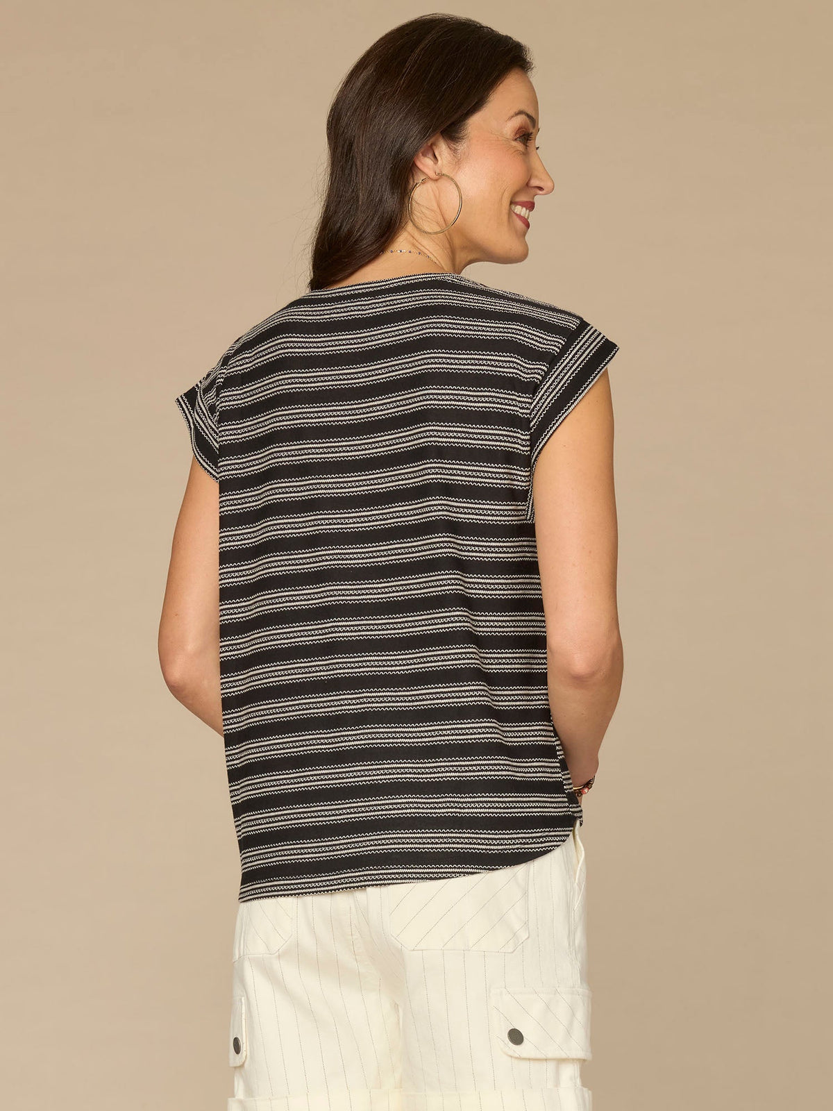 Democracy Clothing Cap Sleeve Scoop Neck Embroidered Stripe Knit Top - Black|Lobster|Ocean Depths|Green Tea|Navy|Winter Melon