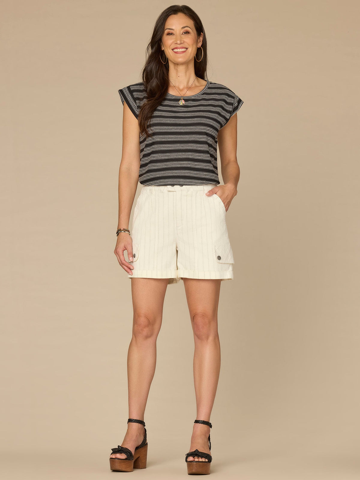 Democracy Clothing Cap Sleeve Scoop Neck Embroidered Stripe Knit Top - Black|Lobster|Ocean Depths|Green Tea|Navy|Winter Melon