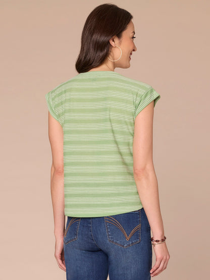 Democracy Clothing Cap Sleeve Scoop Neck Embroidered Stripe Knit Top - Black|Lobster|Ocean Depths|Green Tea|Navy|Winter Melon