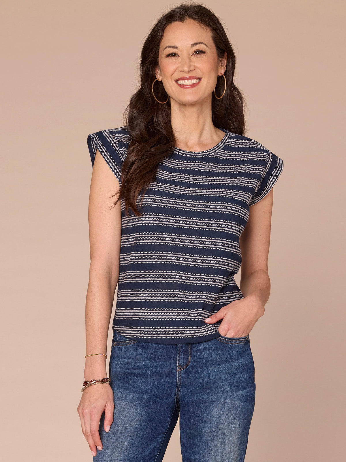 Democracy Clothing Cap Sleeve Scoop Neck Embroidered Stripe Knit Top - Black|Lobster|Ocean Depths|Green Tea|Navy|Winter Melon