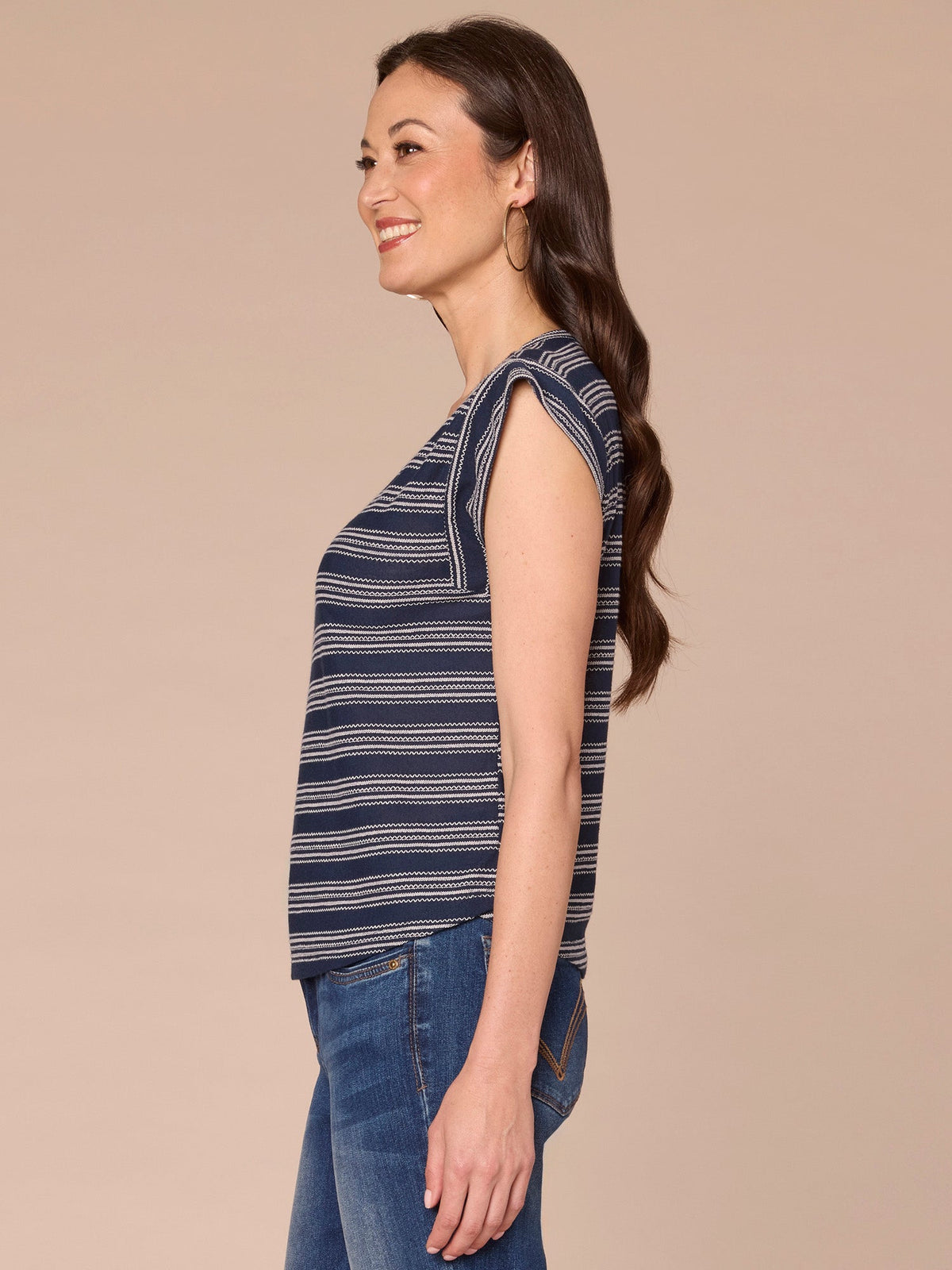 Democracy Clothing Cap Sleeve Scoop Neck Embroidered Stripe Knit Top - Black|Lobster|Ocean Depths|Green Tea|Navy|Winter Melon