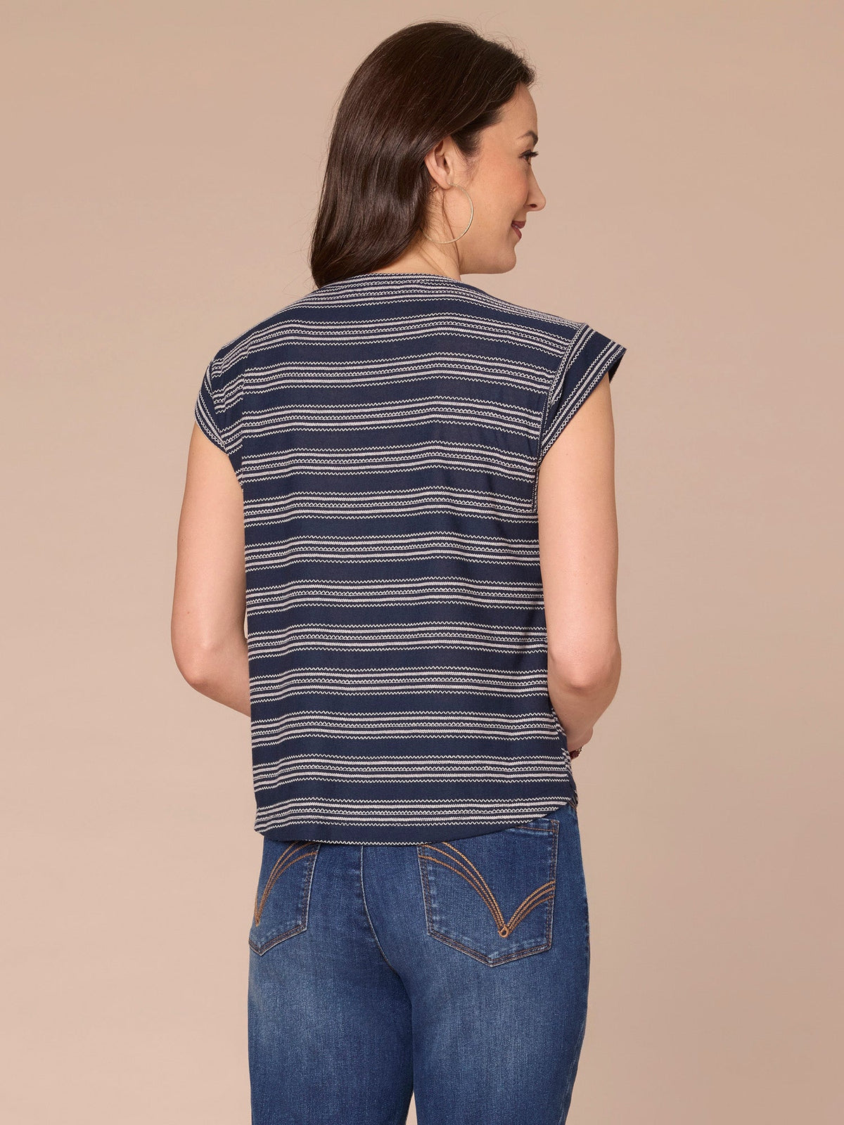 Democracy Clothing Cap Sleeve Scoop Neck Embroidered Stripe Knit Top - Black|Lobster|Ocean Depths|Green Tea|Navy|Winter Melon